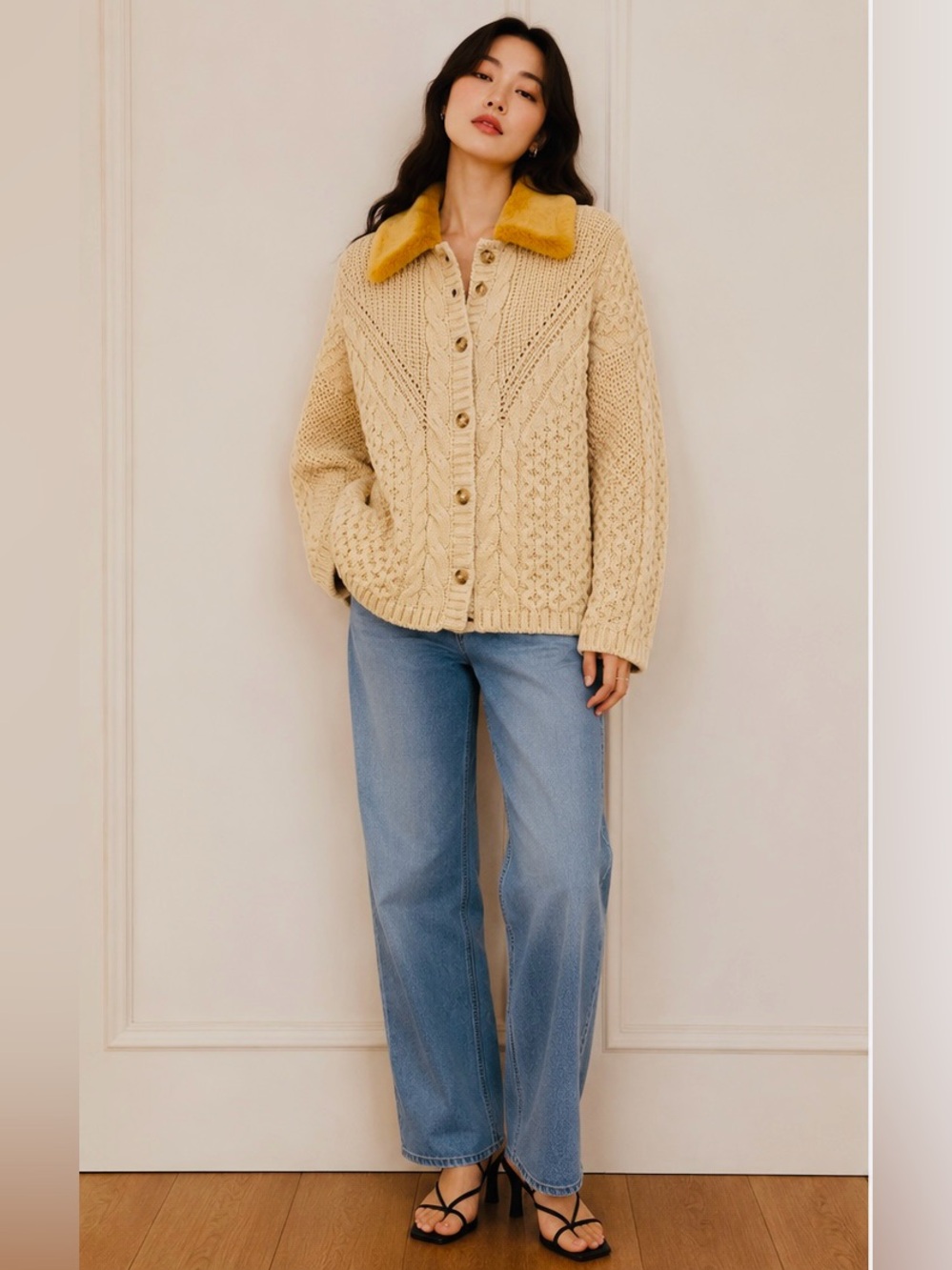 Zara Cream Cable-Knit Cardigan with Mustard Faux-Fur Collar